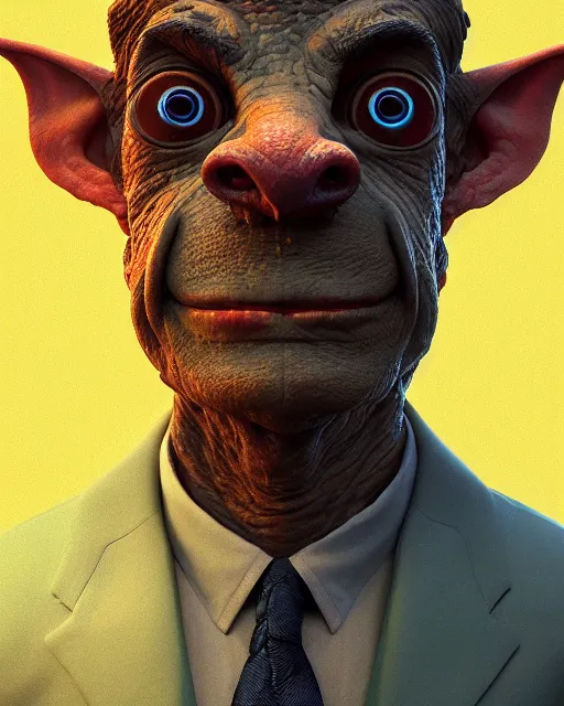 Image similar to portrait of mr bean goblin. intricate abstract. intricate artwork, by tooth wu, wlop, beeple, dan mumford. concept art, octane render, trending on artstation, greg rutkowski very coherent symmetrical artwork. cinematic, key art, hyper realism, high detail, octane render, 8 k, iridescent accents