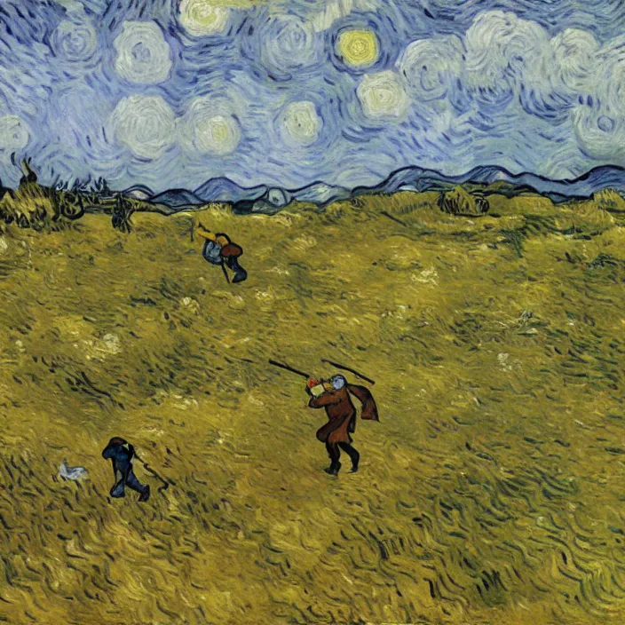 Image similar to adult man and woman playing on the open moorland, painting by van gogh