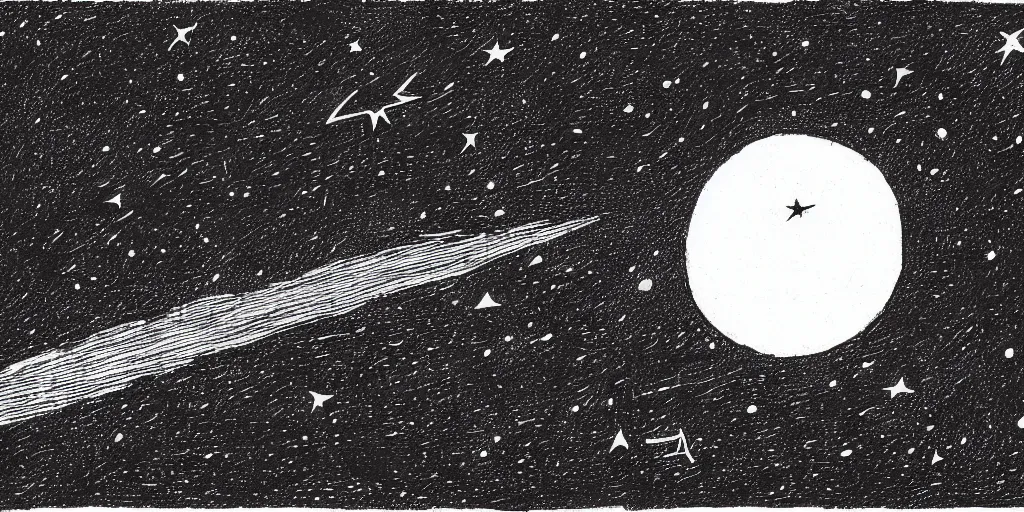 Image similar to ink lineart drawing of a shooting star towards a planet, comet, wide angle, seen from space, artstation, etchings by goya, chinese brush pen, illustration, high contrast, deep black tones contour