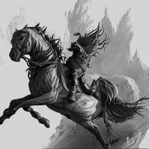 Image similar to a chess piece comes alive, the horse jumps over the wooden chessboard, fantasy art, in the style of greg rutkowski, illustration, epic, fantasy, intricate, hyper detailed, artstation, concept art, smooth, black and white, sharp focus, ray tracing