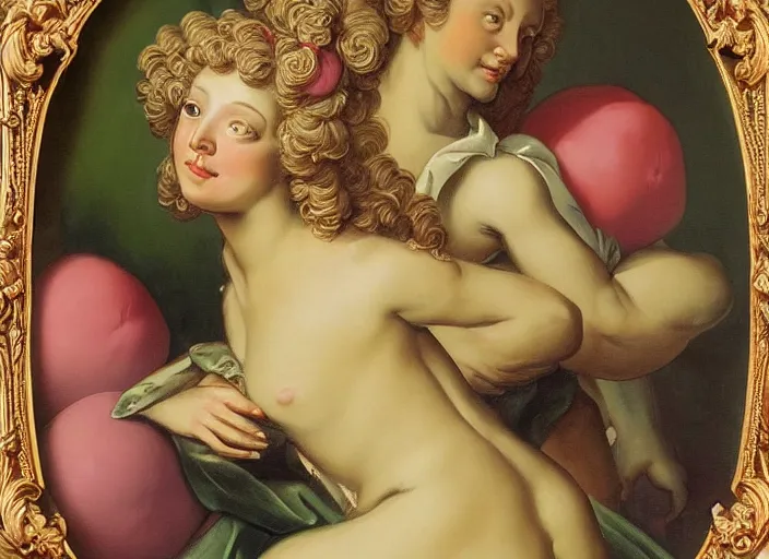 Prompt: baroque rococo painting 🐸🍑🌚 portrait Greg Hildebrandt high detail fancy cake