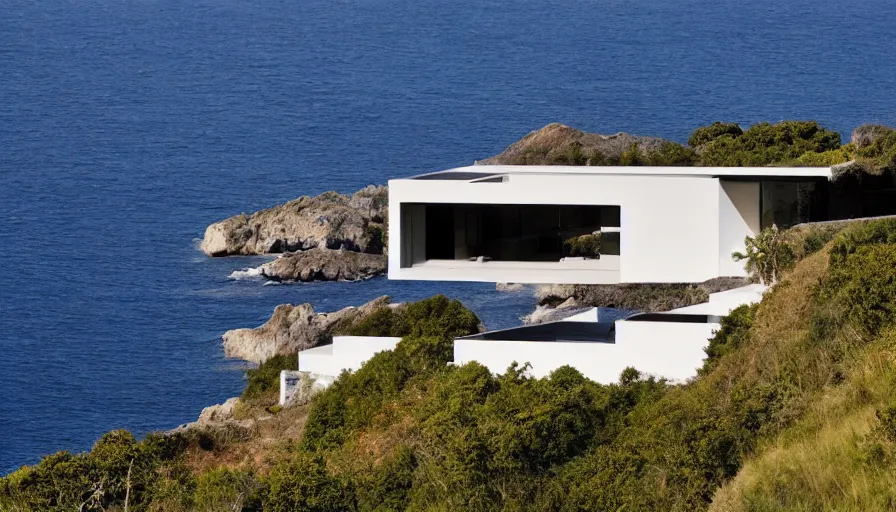 Image similar to modern house perched on a cliff overlooking a magnificient bay, drawing architecture, pritzker architecture prize, greig fraser