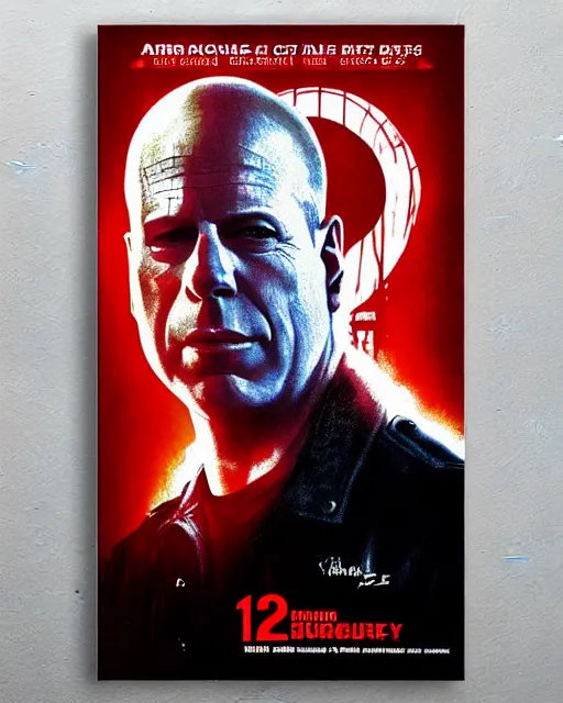 Prompt: bruce willis in 1 2 monkeys, airbrush, drew struzan illustration art, key art, movie poster