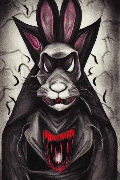 Image similar to portrait of rabbit, demon eyes, dracula fangs! haunted house, dark atmospheric
