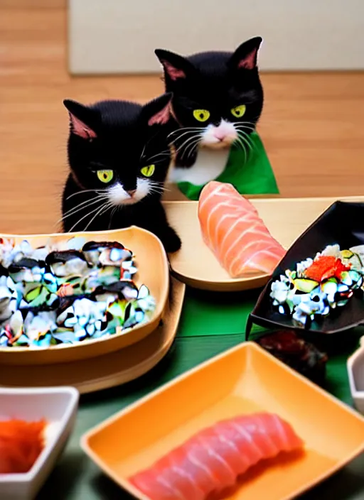 Image similar to clear photograph of cute cats stealing sushi from sushi plates