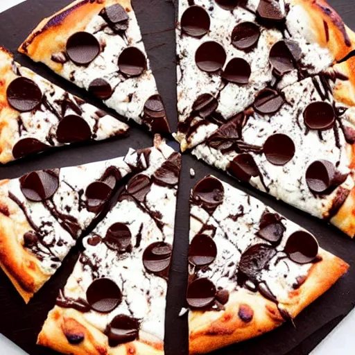 Prompt: chocolate chunk pizza drizzled in chocolate sauce topped with whipped cream