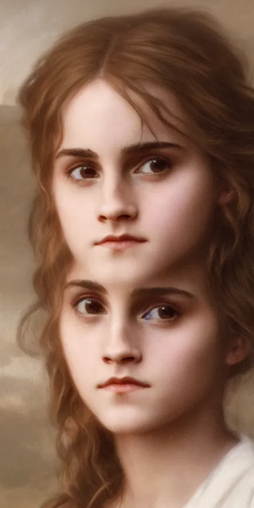 Image similar to photo photorealistic portrait photograph of Emma Watson as Hermione Granger. william adolphe bouguereau. During golden hour. soft light Extremely detailed. detailed photograph Beautiful. 4K. Award winning.