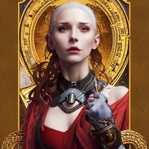 Image similar to Sallya from fire Emblem with skull and books drawn by Donato Giancola and Tom Bagshaw, face by Artgerm, overall design by Alphonse Mucha, background by James Jean and Gustav Klimt, light by Julie Bell, 4k, porcelain skin, komorebi, french nouveau, trending on artstation, octane render, hyperrealistic
