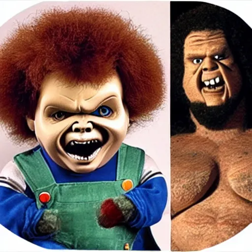 Prompt: screaming chucky doll wwf andre the giant bob ross