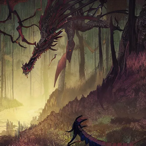 Image similar to concept art painting of an anthropomorphic dragon king with black robes, a long neck, and skull mask, in a deep forest, cel shaded, in the style of makoto shinkai and james gurney and studio ghibli and moebius