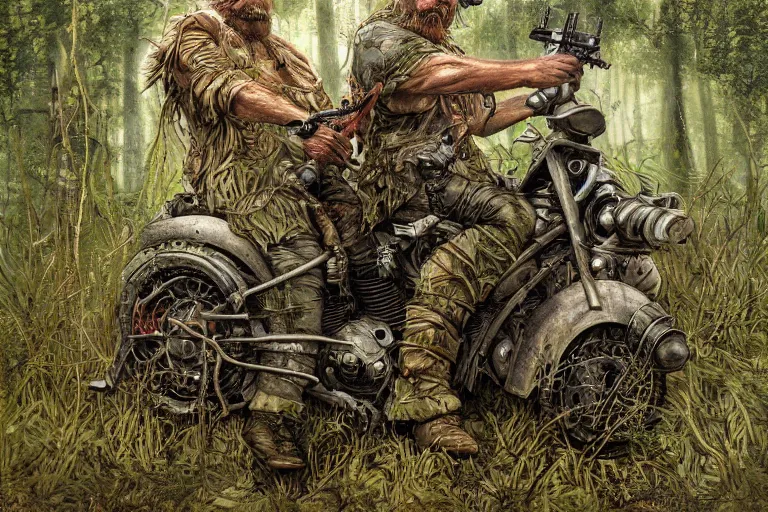 Prompt: a highly detailed garden gnome driving a forest camo motorcycle, overgrown, post apocalyptic road warrior style, wide angle, an ultrafine detailed painting by p. craig russell and barry windsor - smith, trending on deviantart, octane, masterpiece