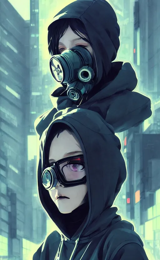 Image similar to cyberpunk anime girl in hoodie, cyberpunk gas mask, potrait, street night, grafity, beautiful face, grafity, arcane, action, tokyo street, detail, good face, pose model, concept art, in style of yoji shinkawa, pan ren wei, col price, atey ghailan, by greg rutkowski, aesthetic