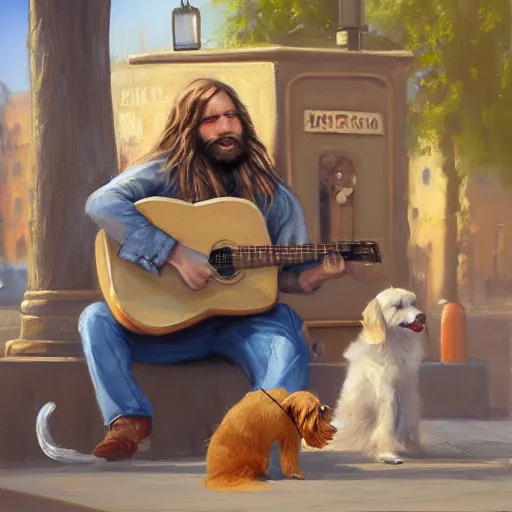 Image similar to oil painting of a young man with long hair blond and a beard hippie style with his golden retrever dog playing guitar in the square for money, people watching around, by greg rutkowski, artstation