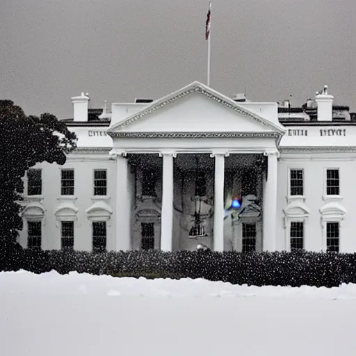 Prompt: The White House in a blizzard with massive piles of snow, 35mm film