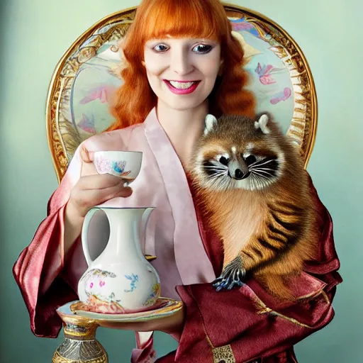 Image similar to a stunning hyper-detailed photorealistic painting of one slender beautiful smiling woman with long ginger hair and bangs, wearing a luxurious silk robe, wearing headphones and posing with her large ginger tabby cat and her raccoon and parrots in an overstuffed easy chair in her sunlit victorian living room, holding a porcelain parrot-shaped coffee mug and a donut, perfect eyes, fashion photography, cinematic lighting, octane render, IBEX Masters, unreal engine, 85 mm lens