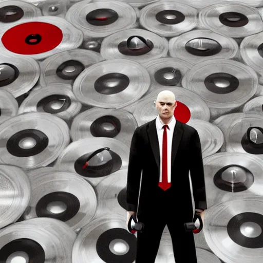 Image similar to a portrait of agent 4 7 from hitman wearing headphones, standing in front of a wall of vinyl records, dark background, red rim light, highly detailed, digital art, artstation, concept art, smooth, sharp focus, greg rutkowski, wlop
