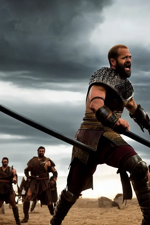 Prompt: cinematic action shot of joe biden as leonidas sword fighting in 3 0 0 movie, 8 k, epic moody sky, dramatic lighting