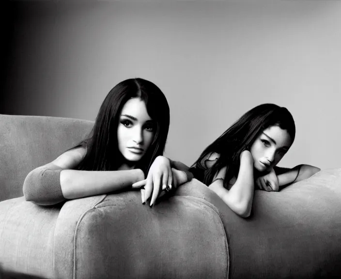 Image similar to award winning photo of Ariana Grande, Megan Fox sitting on a chesterfield lounge mid action, symmetrical, beautiful eyes, wide shot art by Sally Mann & Arnold Newman