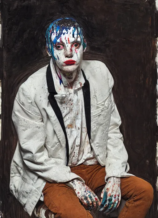 Prompt: portrait of a nervous young harlequin sitting on a stool, by vincent lefevre and hernan bas and pat steir and hilma af klint, psychological, photorealistic, symmetrical face, dripping paint, washy brush, threads, rendered in octane, altermodern, masterpiece