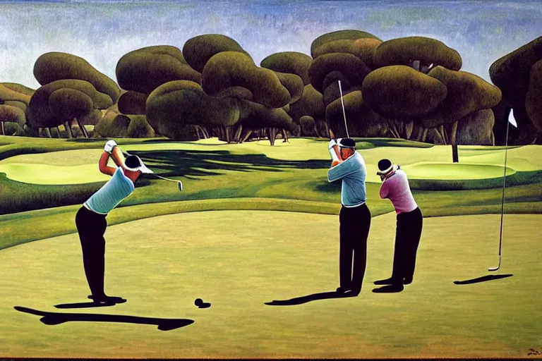 Image similar to Three golfers on a beautiful golf course driving range, by Diego Rivera