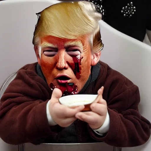 Prompt: crying donald trump in a highchair with chocolate pudding all over his face, gettyimages,