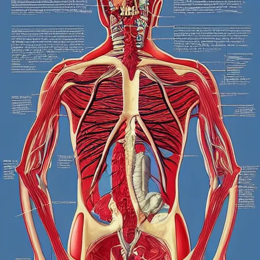 Image similar to a medical illustration of the human artery system, dissected human torso and skull, medical, simple but detailed, in style of da vinci, moebius and mucha