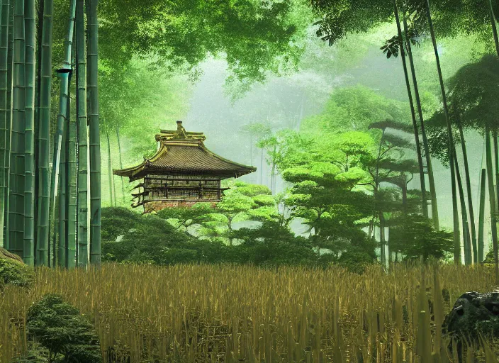 Image similar to deep in a japanese bamboo forest, ancient temple in distance with garden, sunny, cartoony, sketched, mid day, realistic lighting, by ghibli studio, arcane, wild rift, trending on artstation, 4 k, hd