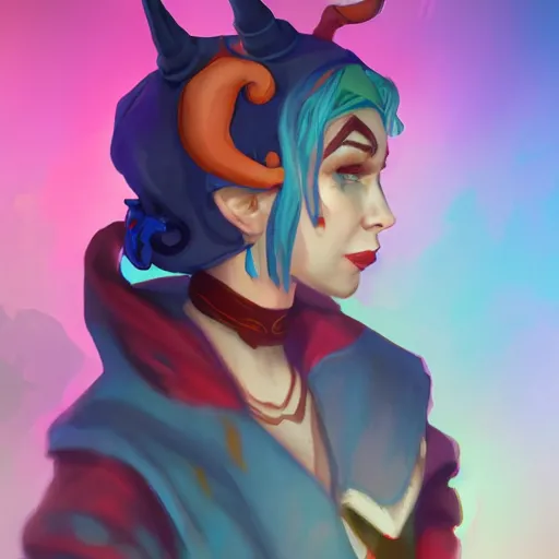 Image similar to Critical Role's Jester, tiefling, 4k, digital art, trending on artstation, trending on cgsociety