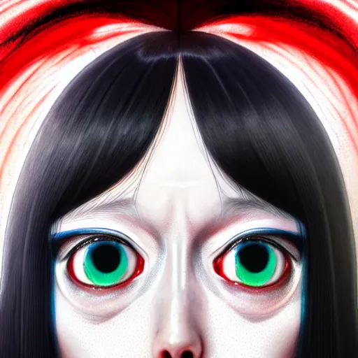 Prompt: i see you palp by junji ito, green red black blue eyes and long black hair by junji ito, painted by junji ito, rtx reflections, octane render 1 2 8 k, extreme high intricate details by wlop, digital anime art by ross tran, wide shot, composition by tom bagshaw, lighting by wlop