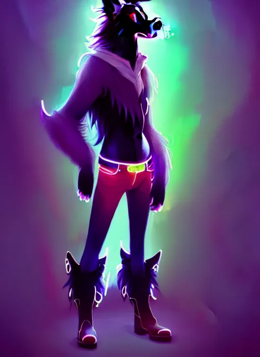 Image similar to wide angle beautiful full body portrait of a cute male anthropomorphic anthro border collie fursona wearing cowboy outfit in a neon metropolis, character design by charlie bowater, henry asencio, and ross tran, furry art, furaffinity, beautiful, glamor pose, detailed, aesthetic, trending on artstation