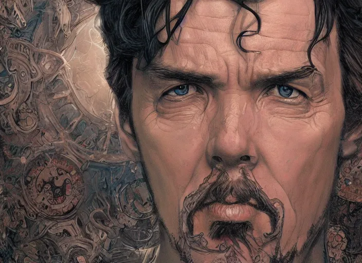 Image similar to a highly detailed terrifying portrait of stephen strange, james gurney, james jean