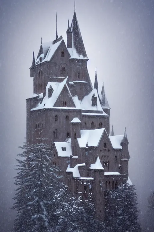 Image similar to a gothic castle in the snow, andreas rocha style