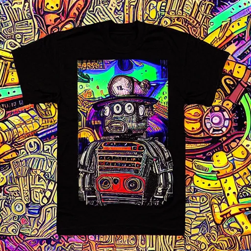 Image similar to mockup of a black tshirt with a hyperdetailed portrait of a steampunk robot by robert crumb, 8 k, symetrical, flourescent colors, happy trippy mood, multicolored,