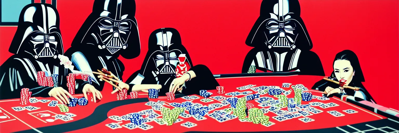 Image similar to hyperrealism composition of the detailed woman in a japanese kimono sitting at an extremely detailed poker table with darth vader and stormtrooper, fireworks on the background, pop - art style, jacky tsai style, andy warhol style, acrylic on canvas