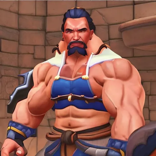 Image similar to a screenshot of arnold schwarzenegger as hanzo in overwatch