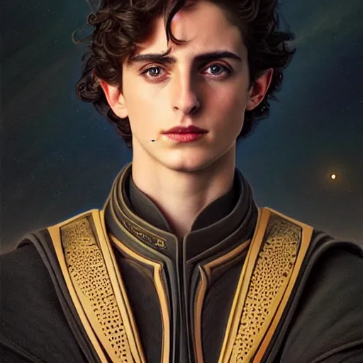 Image similar to a portrait of paul atreides from dune cinematic lighting, photorealistic, octane render, 8 k, depth of field, 3 d, art by artgerm and greg rutkowski and alphonse mucha and uang guangjian and gil elvgren and sachin ten, paul looks like timothee chalamet but older