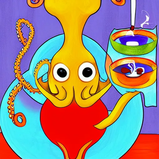 Image similar to occult anthropomorphic octopus chef cooking a delicious colorful soup, digital paintingl