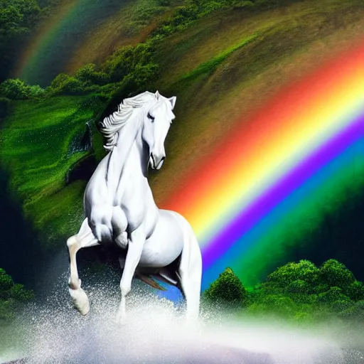 Image similar to white horse with long flowing rainbow mane standing on top of a hill with a waterfall detailed realistic professional photograph