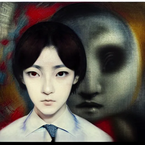 Image similar to yoshitaka amano blurred and dreamy realistic three quarter angle portrait of a young woman with short hair and black eyes wearing office suit with tie, junji ito abstract patterns in the background, satoshi kon anime, noisy film grain effect, highly detailed, renaissance oil painting, weird portrait angle, blurred lost edges