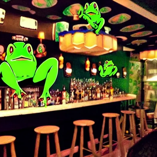 Image similar to cute frog themed bar, pokemon anime scene,