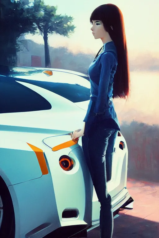 Image similar to A ultradetailed beautiful panting of a stylish girl standing in front of a Nissan GTR, Oil painting, by Ilya Kuvshinov, Greg Rutkowski and Makoto Shinkai