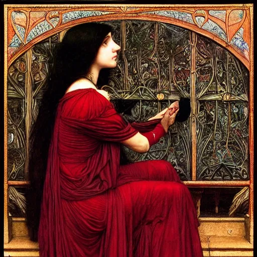 Prompt: Symmetric Pre-Raphaelite painting of a beautiful mystic woman with dark hair in a very detailed silk dark red dress by John William Waterhouse, zoomed out, surrounded by a dark gothic frame of highly detailed mathematical drawings of neural networks and geometry by Doré , highly detailed mathematical drawings of geometry