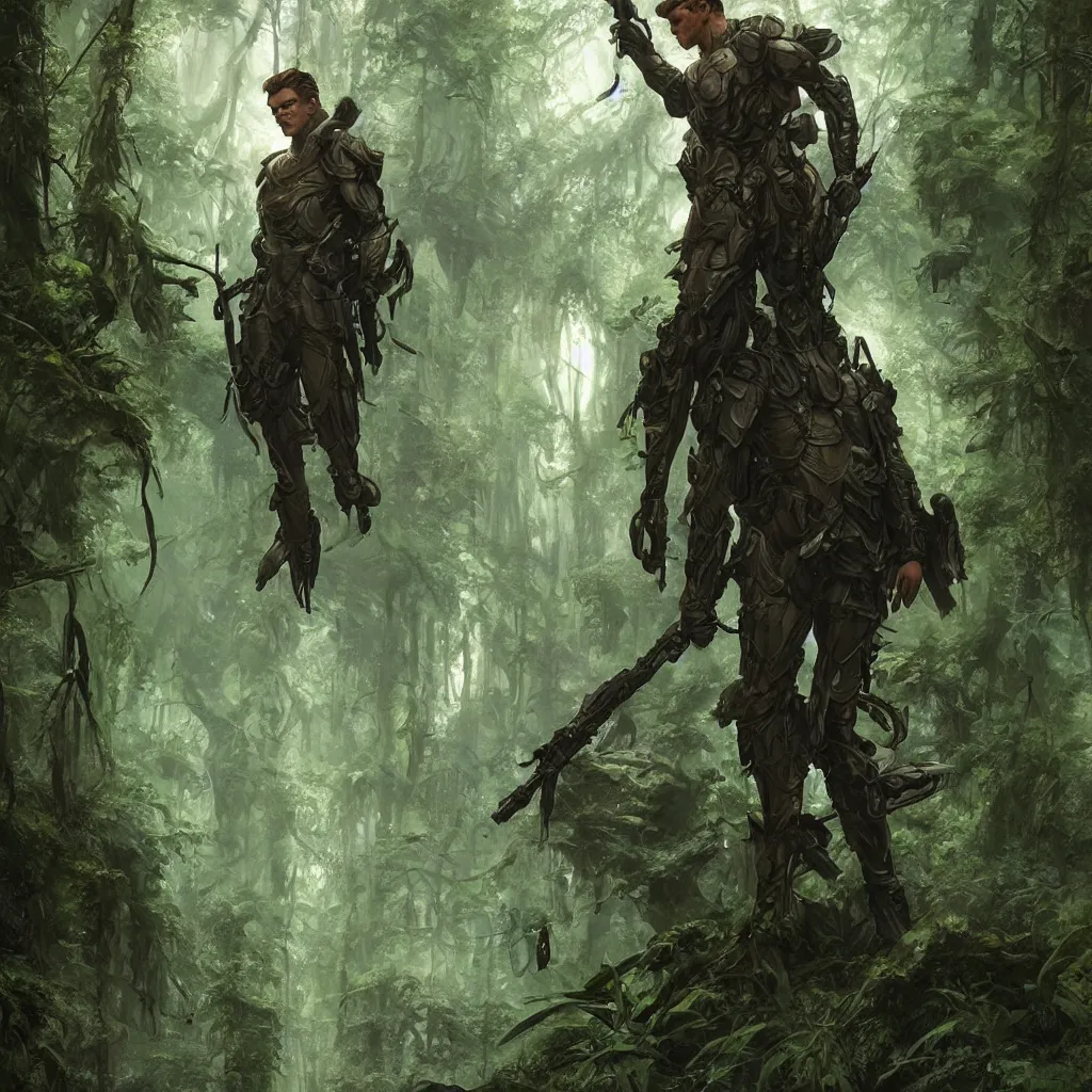 Image similar to a handsome male sci-fi solider exploring a magical rain forest, D&D, fantasy, intricate, cinematic lighting, highly detailed, digital painting, artstation, concept art, smooth, sharp focus, illustration, art by Terry Moore and Greg Rutkowski and Alphonse Mucha