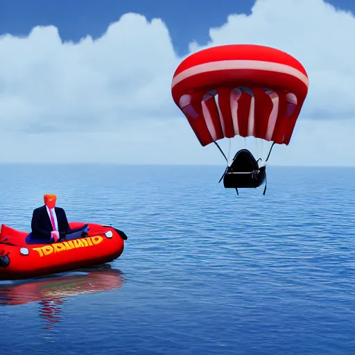 Prompt: donald trump flying in an inflatable boat, trending on artstation hq, taken by canon r 6, photorealistic
