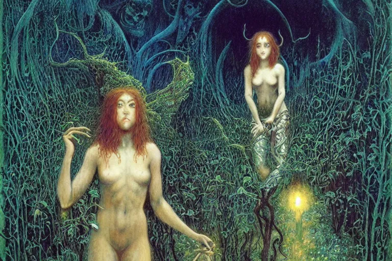 Image similar to young cute alyson hannigan knight in enchanted lovecraftian garden by jean delville, luis royo, beksinski, grimshaw