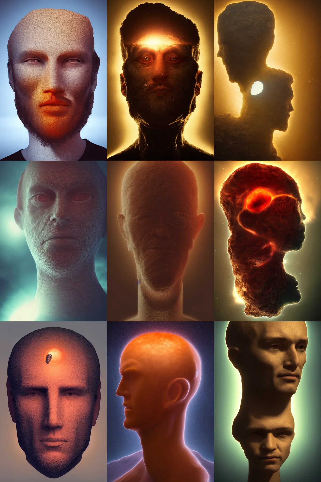 Prompt: A portrait of a man with a head made of planet Jupiter, backlight, volumetric lighting, detailed, trending on artstation