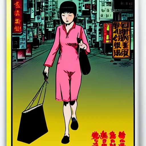 Image similar to glossy old advertising poster, young woman walking through crowded hong kong street, vendors, zombies, horror, drawn comic by junji ito, pastels, gradient,