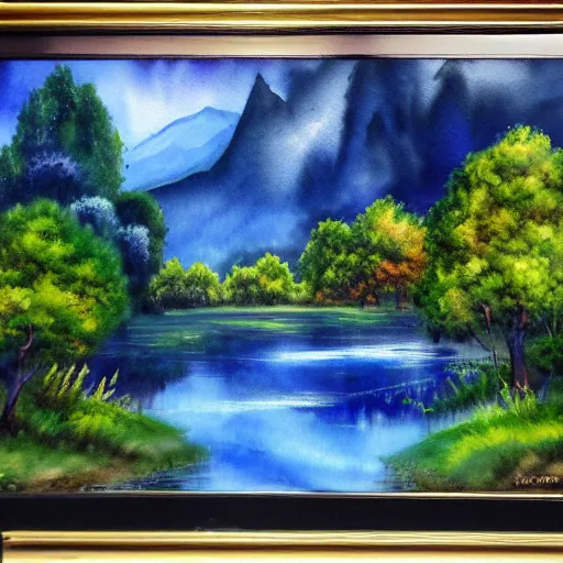 Prompt: A watercolor landscape of a fantasy landscape by bob ross, on canvas, hyperdetailed, photograph, on tv, high quality, 8k, full view, vibrant