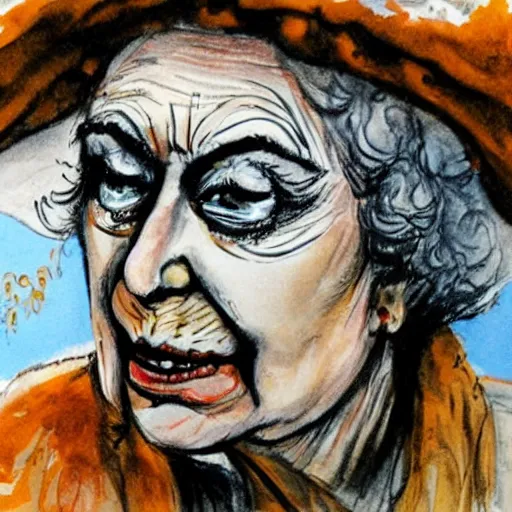 Prompt: close - up of queen elizabeth face painted as an old beggar by ralph steadman