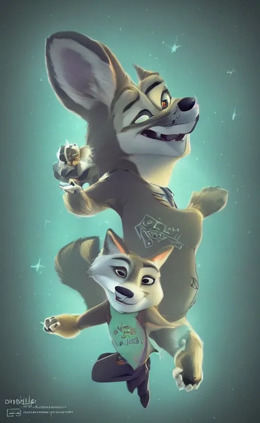 Image similar to “wolf in the style of zootopia in a dark room, dodging lasers, dramatic in the style of zootopia”